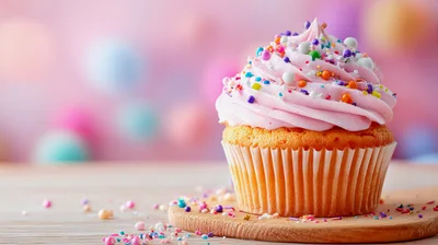Single Vanilla Cupcake With Pink Frosting And Sprinkles