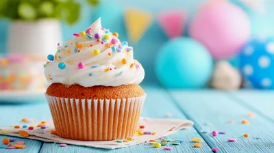 Single Vanilla Cupcake With Sprinkles On Blue Table