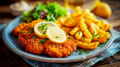 Crispy Breaded Schnitzel With French Fries And Salad