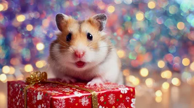 Cute Hamster Sitting On A Red Christmas Gift Box