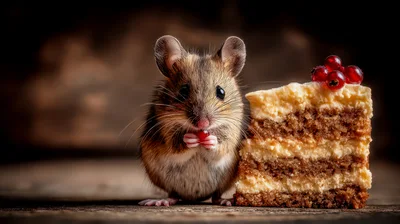 Small Field Mouse Eating A Red Berry Beside Cake