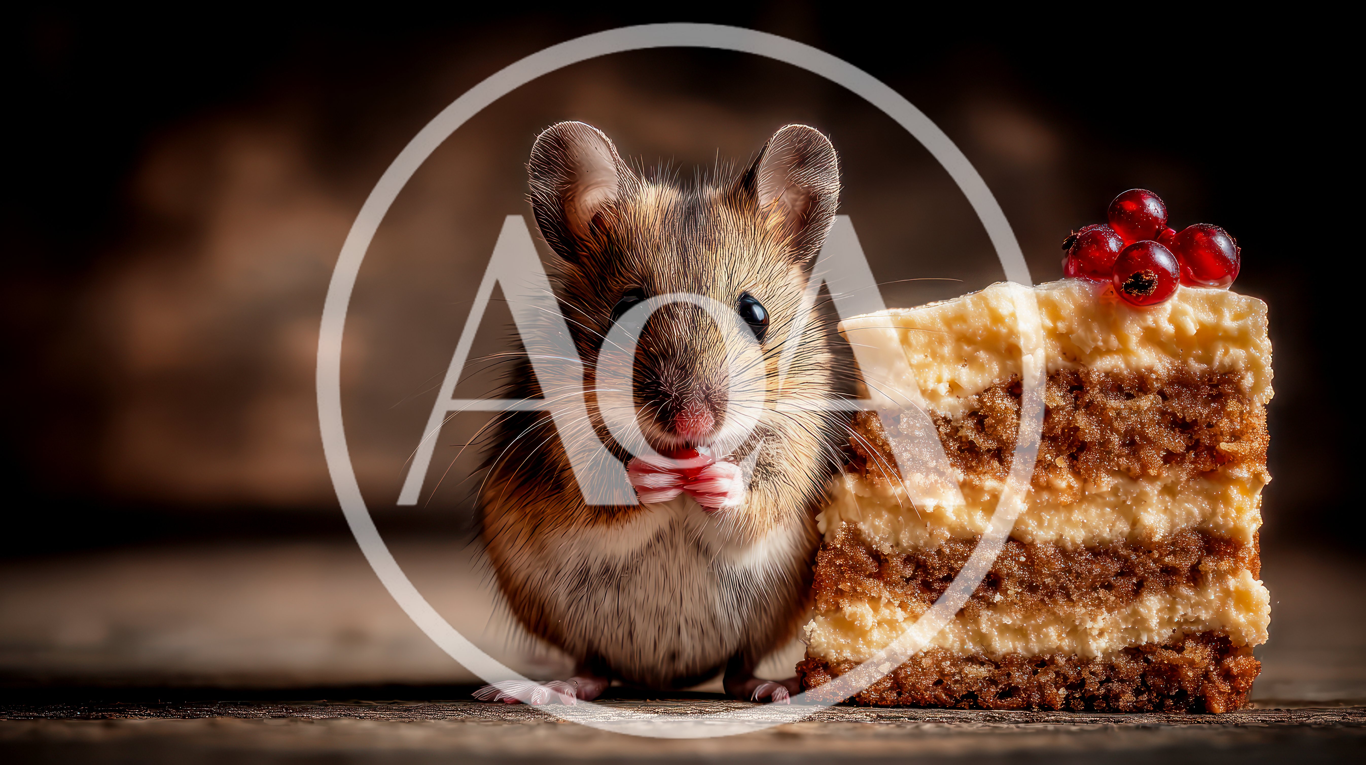 Small Field Mouse Eating A Red Berry Beside Cake