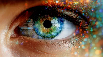 Human Eye With Digital Circuitry Overlay And Glitter