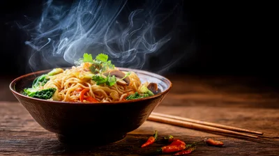 Steaming Bowl Of Asian Stir Fried Noodles