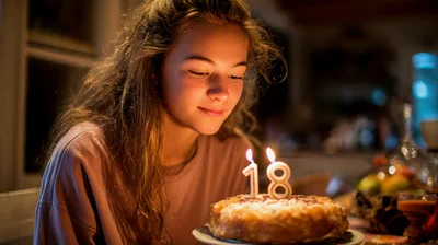 Young Woman Celebrating Her Eighteenth Birthday With Cake