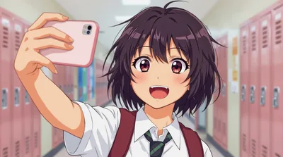 Anime Schoolgirl Taking A Selfie In A Hallway