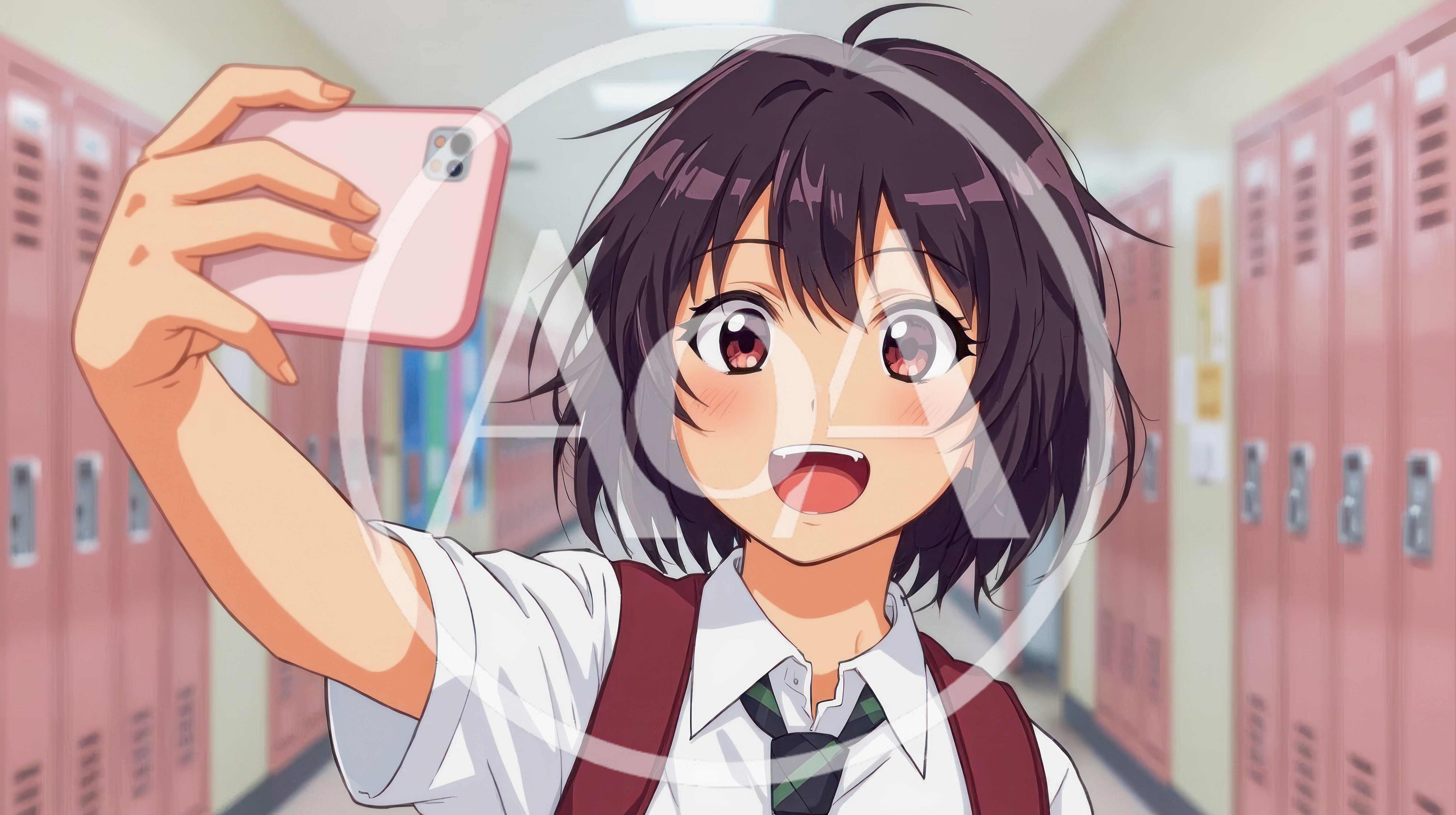 Anime Schoolgirl Taking A Selfie In A Hallway