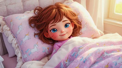 Cute Cartoon Girl Sleeping In Unicorn Bedding