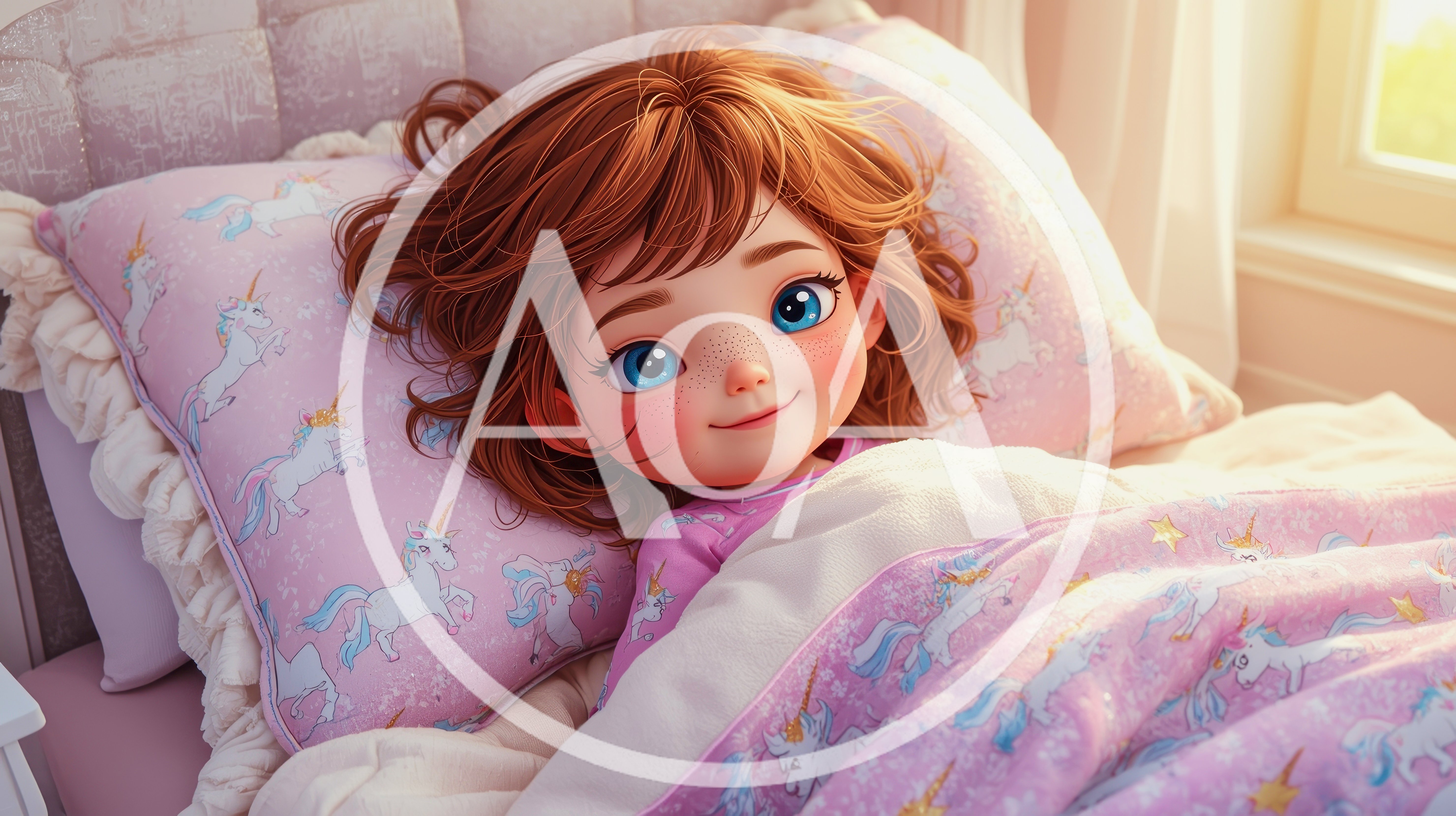 Cute Cartoon Girl Sleeping In Unicorn Bedding