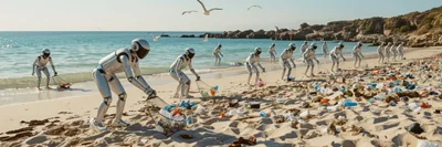 Futuristic Humanoid Robots Cleaning Plastic Waste From Beach