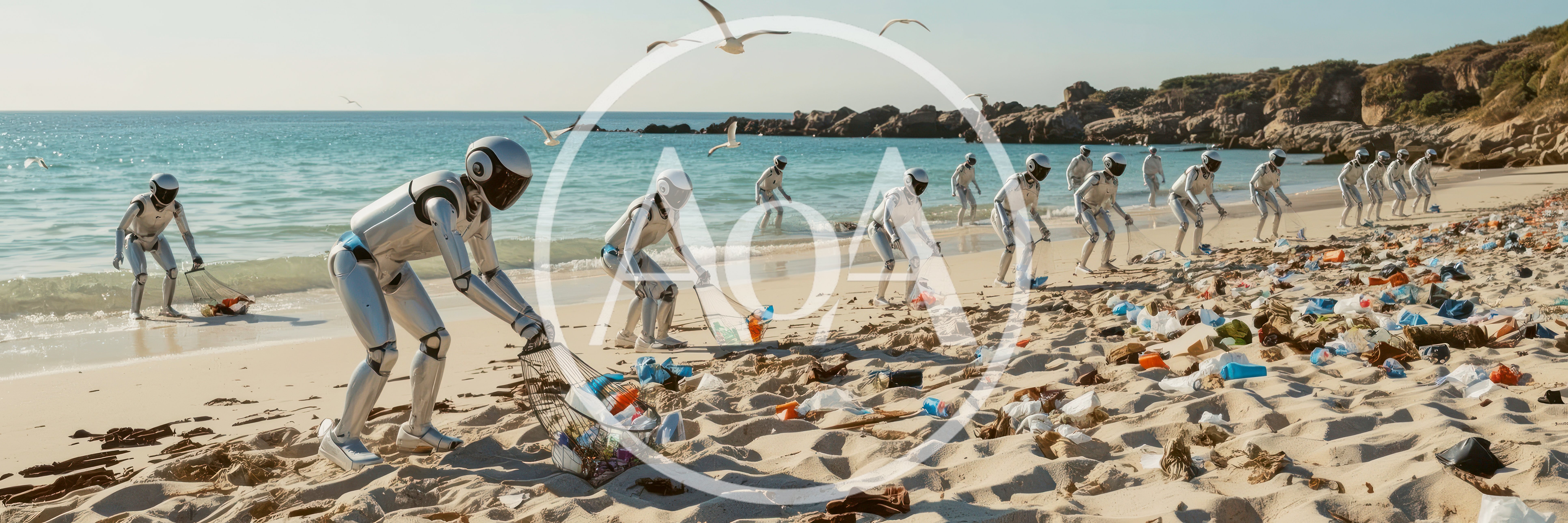 Futuristic Humanoid Robots Cleaning Plastic Waste From Beach