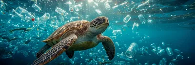 Sea Turtle Swimming Through Ocean Plastic Pollution