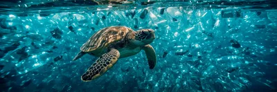 Sea Turtle Swimming Through Ocean Plastic Pollution
