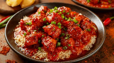 Spicy Chili Chicken Served Over Steamed White Rice