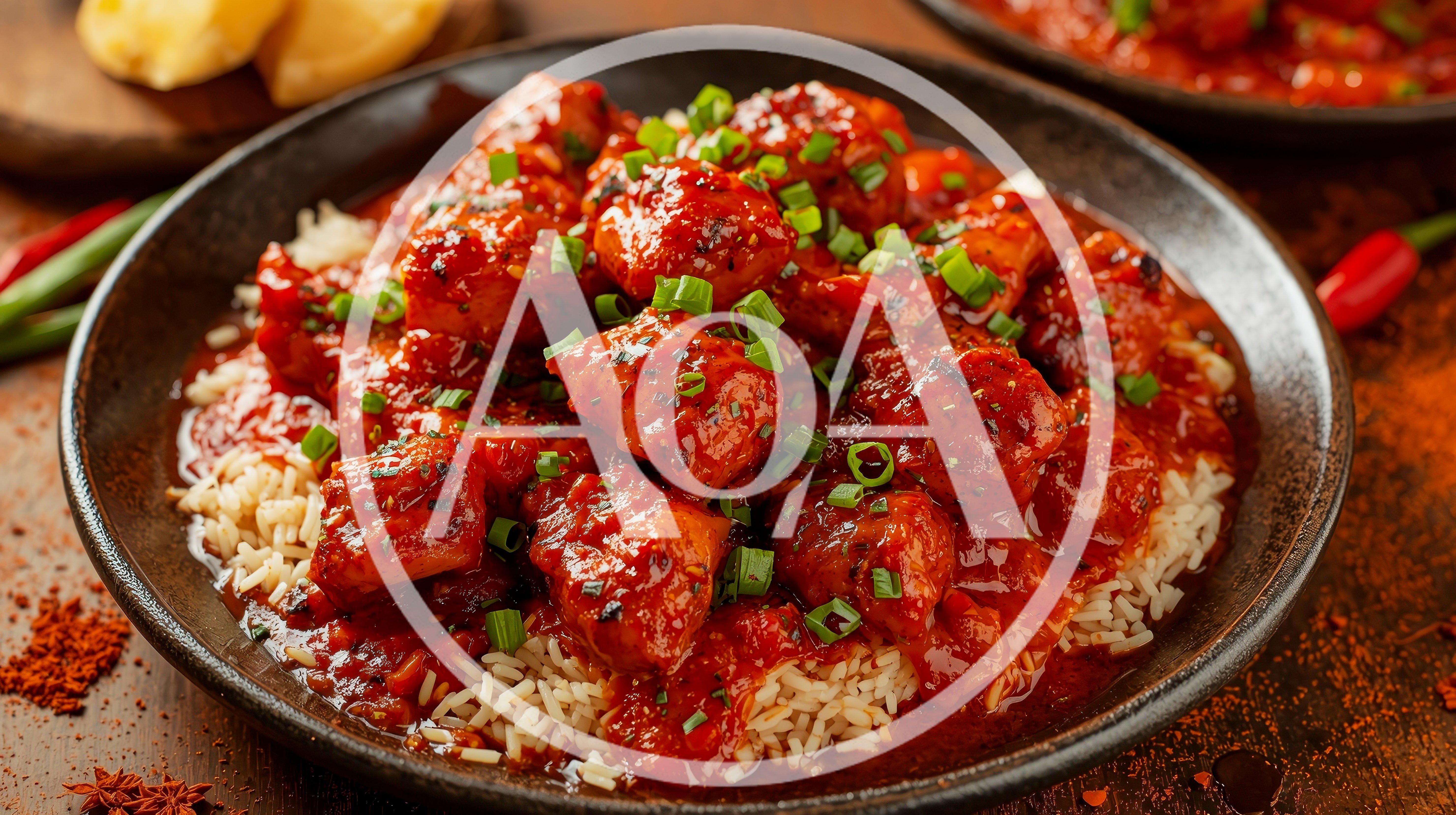 Spicy Chili Chicken Served Over Steamed White Rice