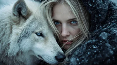 Young Woman With Blue Eyes Beside A White Wolf