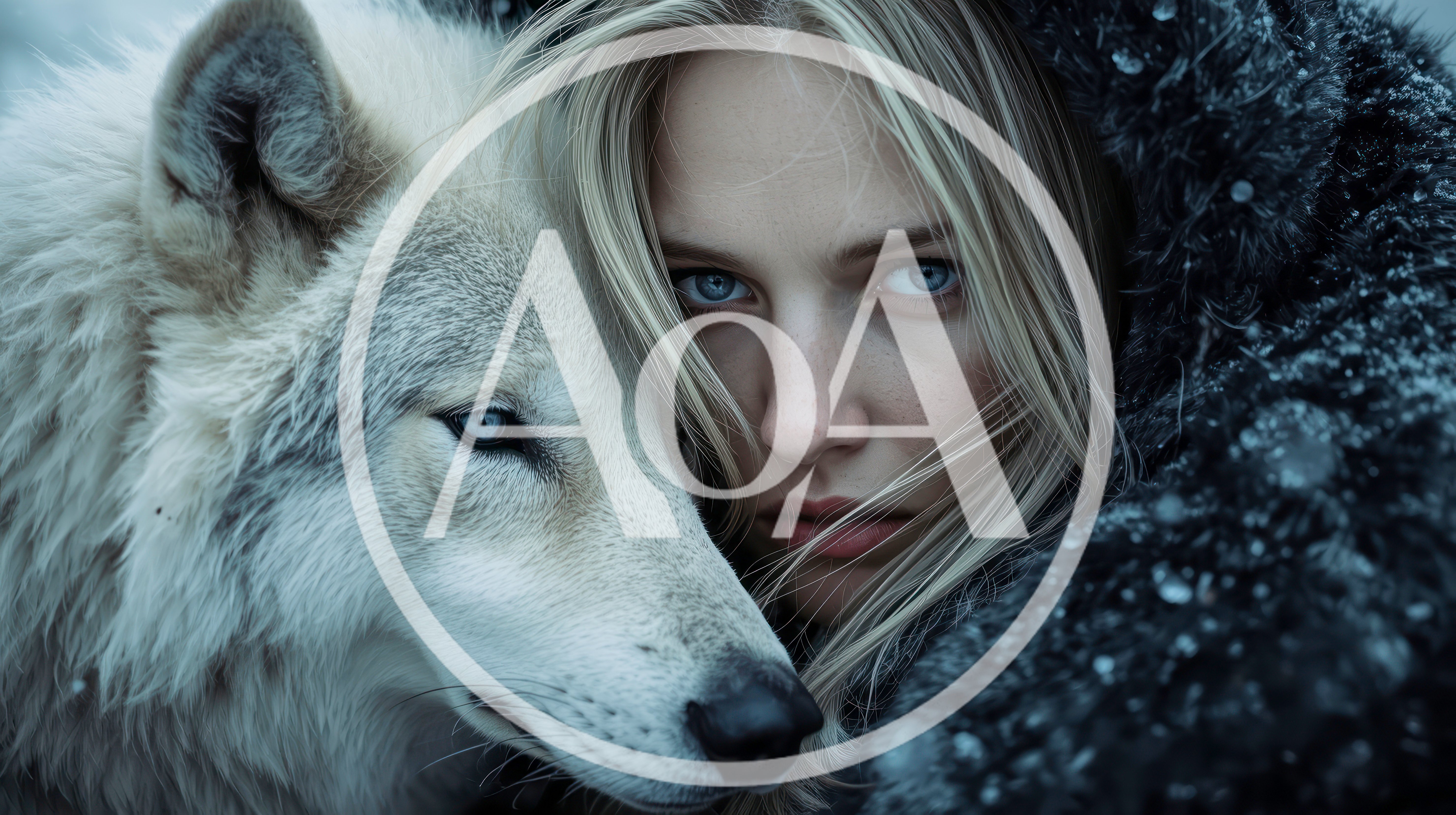 Young Woman With Blue Eyes Beside A White Wolf