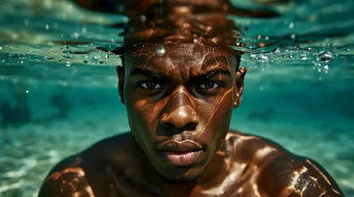 Young Black Man Swimming Underwater In Clear Tropical Water