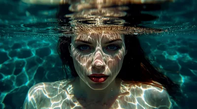 Woman Swimming Underwater With Sunlight Caustics