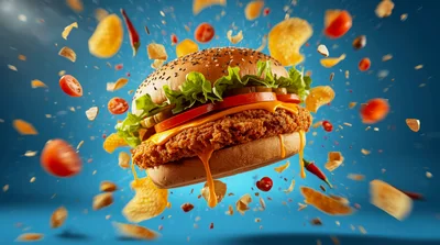 Crispy Chicken Burger Floating With Flying Ingredients