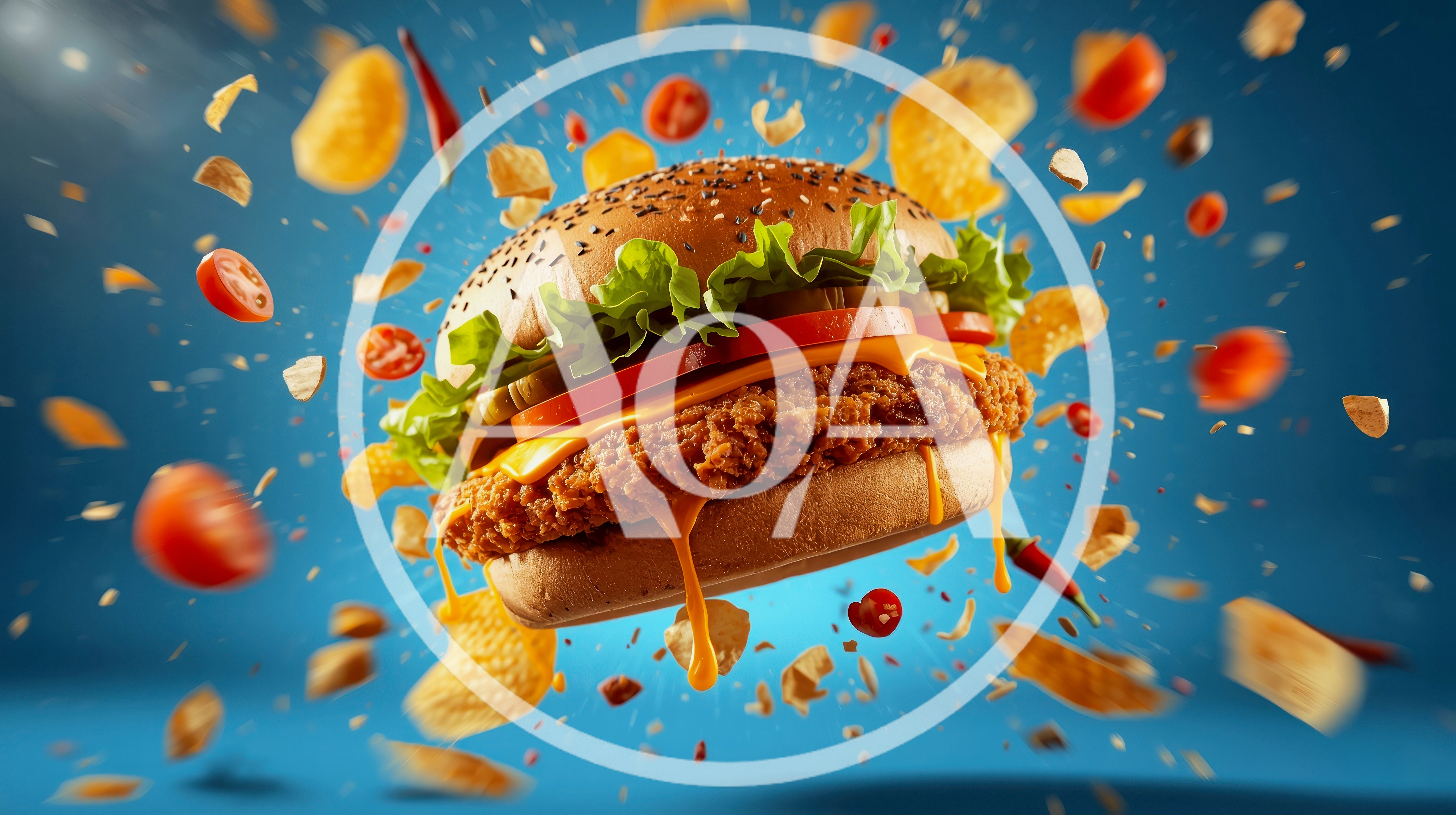 Crispy Chicken Burger Floating With Flying Ingredients