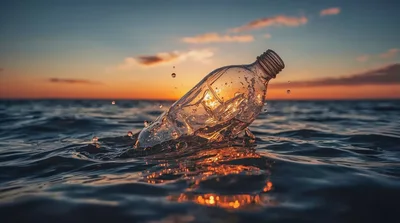 Plastic Bottle Floating In The Ocean At Sunset