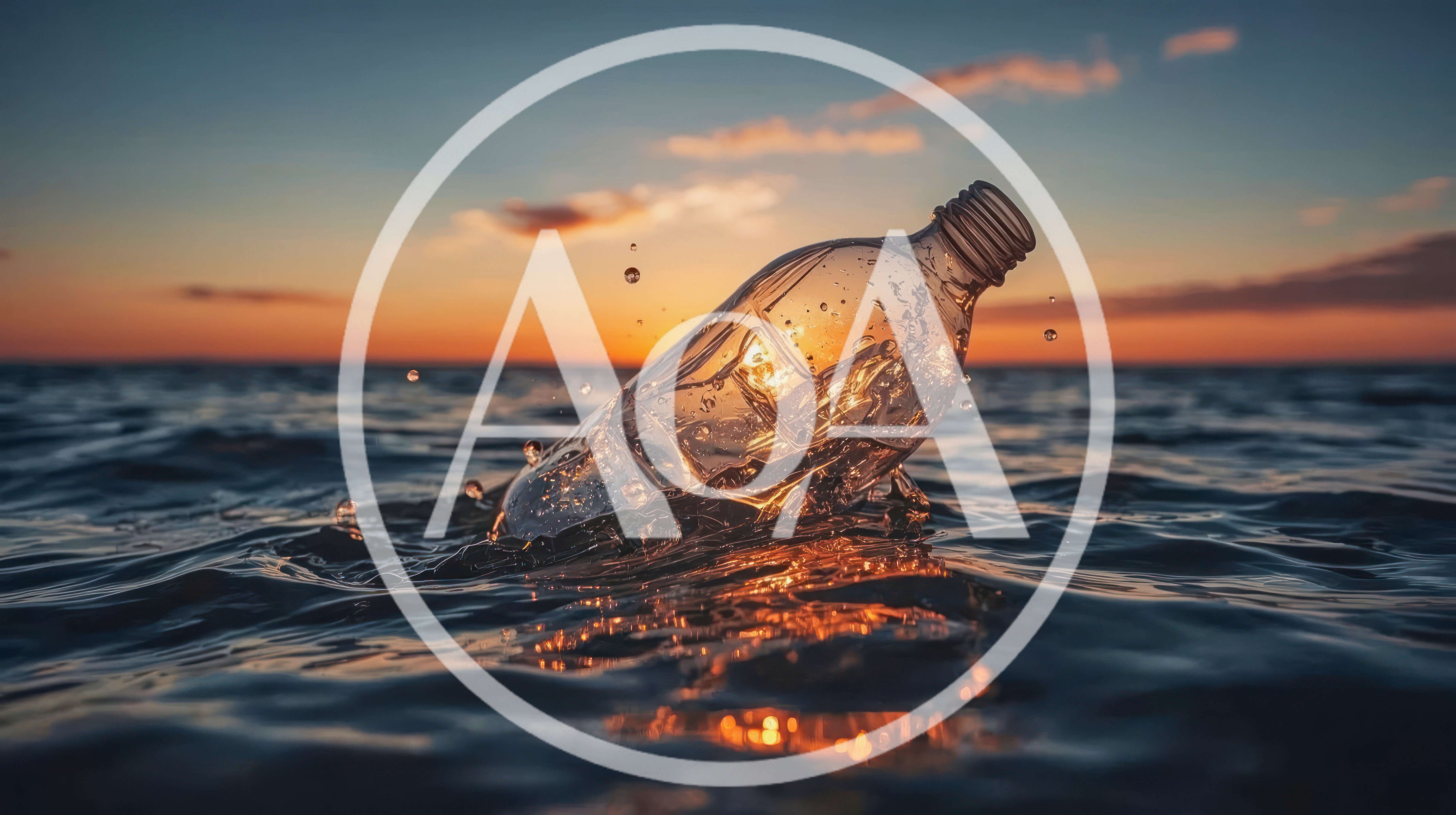 Plastic Bottle Floating In The Ocean At Sunset