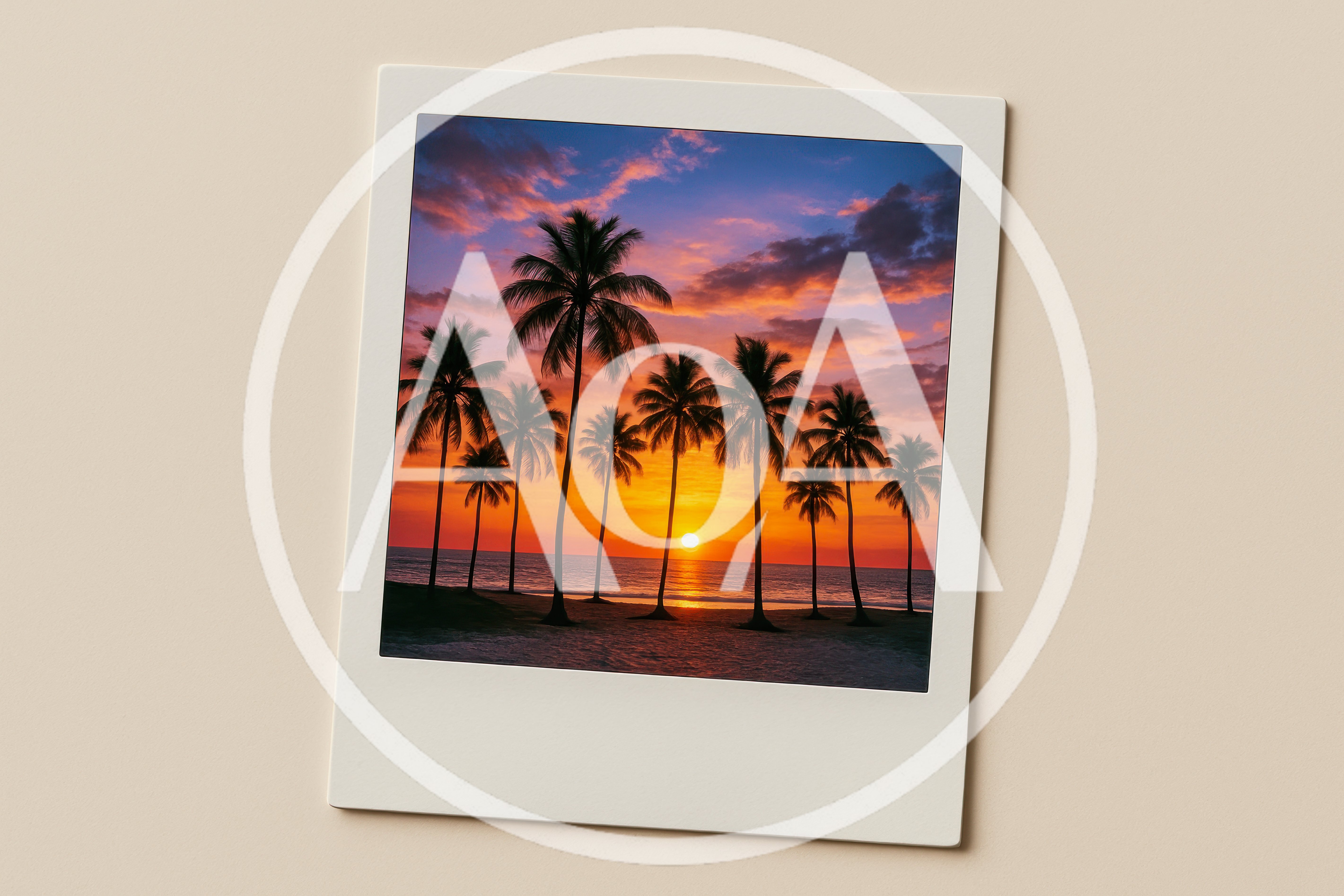 Polaroid Photograph Of A Tropical Sunset With Palm Trees