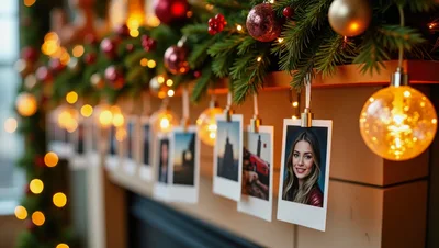 Christmas Mantel Decorated With Hanging Polaroid Photos