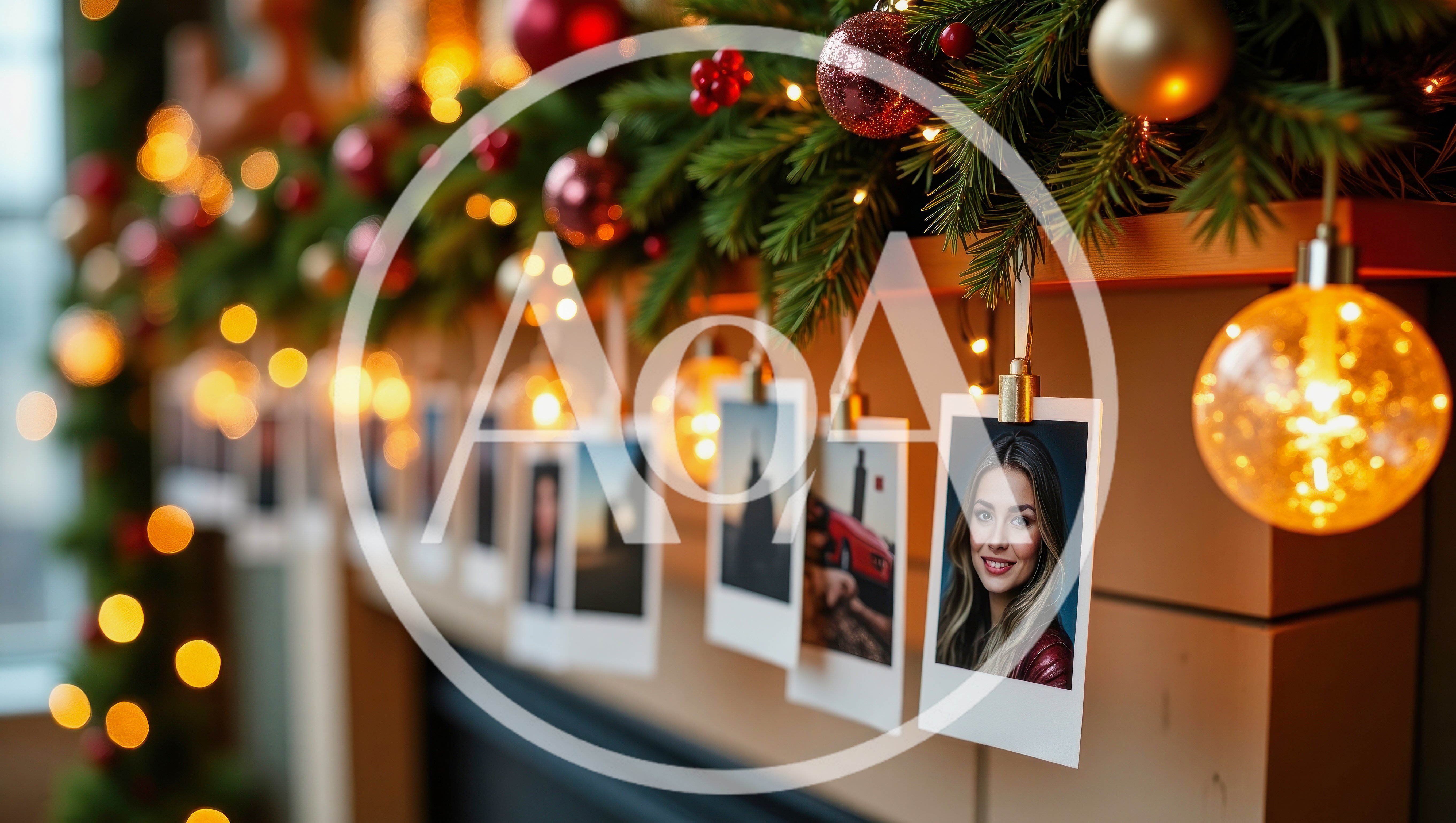 Christmas Mantel Decorated With Hanging Polaroid Photos