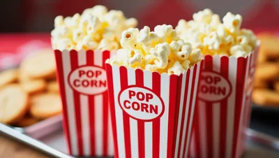 Three Red And White Striped Popcorn Containers