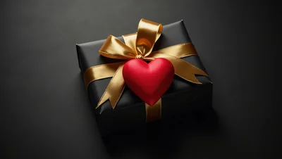 Black Gift Box With Gold Ribbon And Red Heart