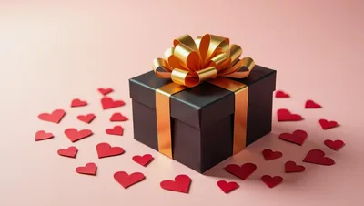 Black Gift Box With Gold Ribbon And Red Hearts