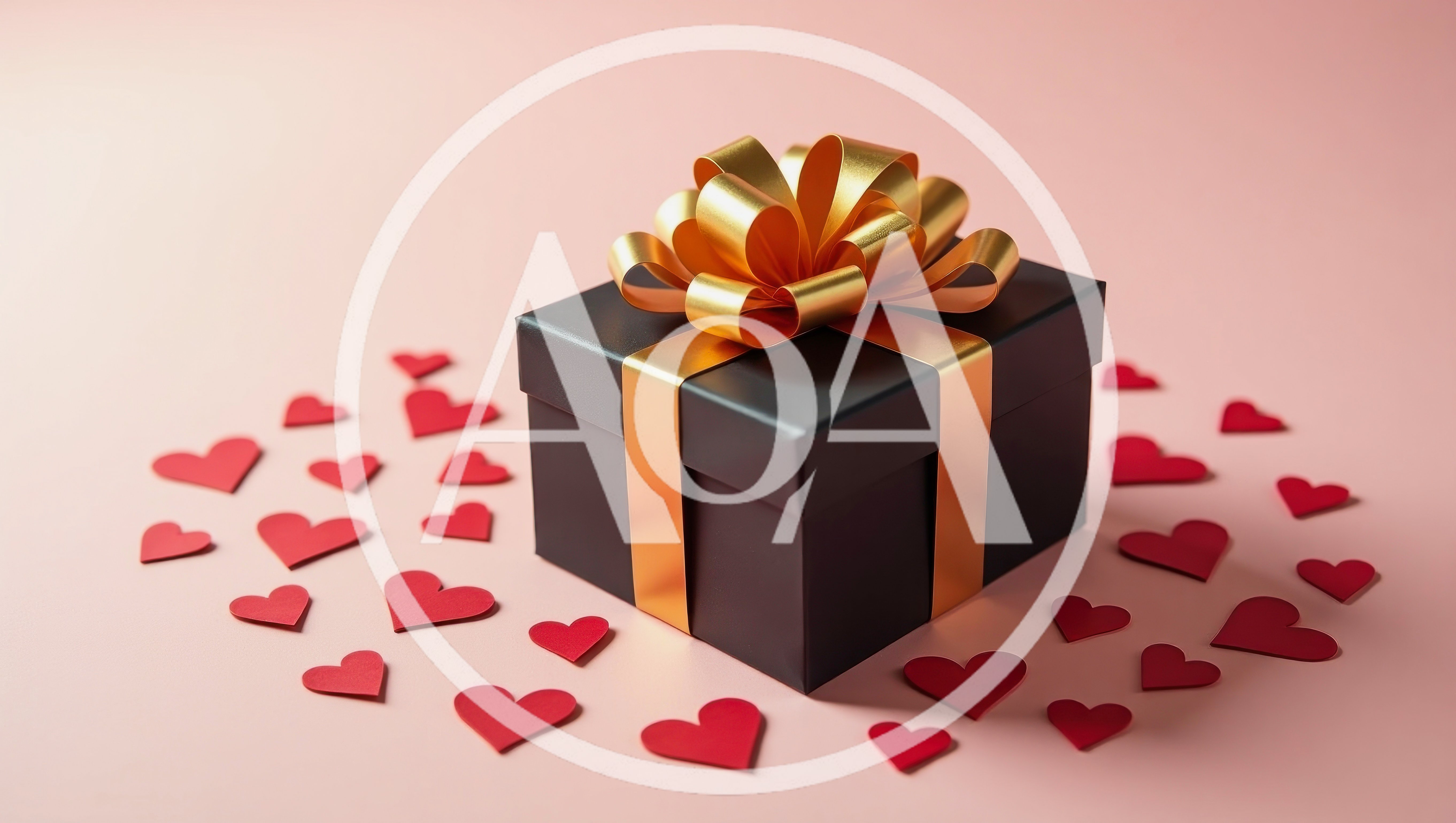 Black Gift Box With Gold Ribbon And Red Hearts