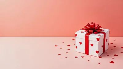 White Gift Box With Red Hearts And Ribbon
