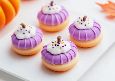 Four Decorated Pumpkin Shaped Donuts On A White Plate