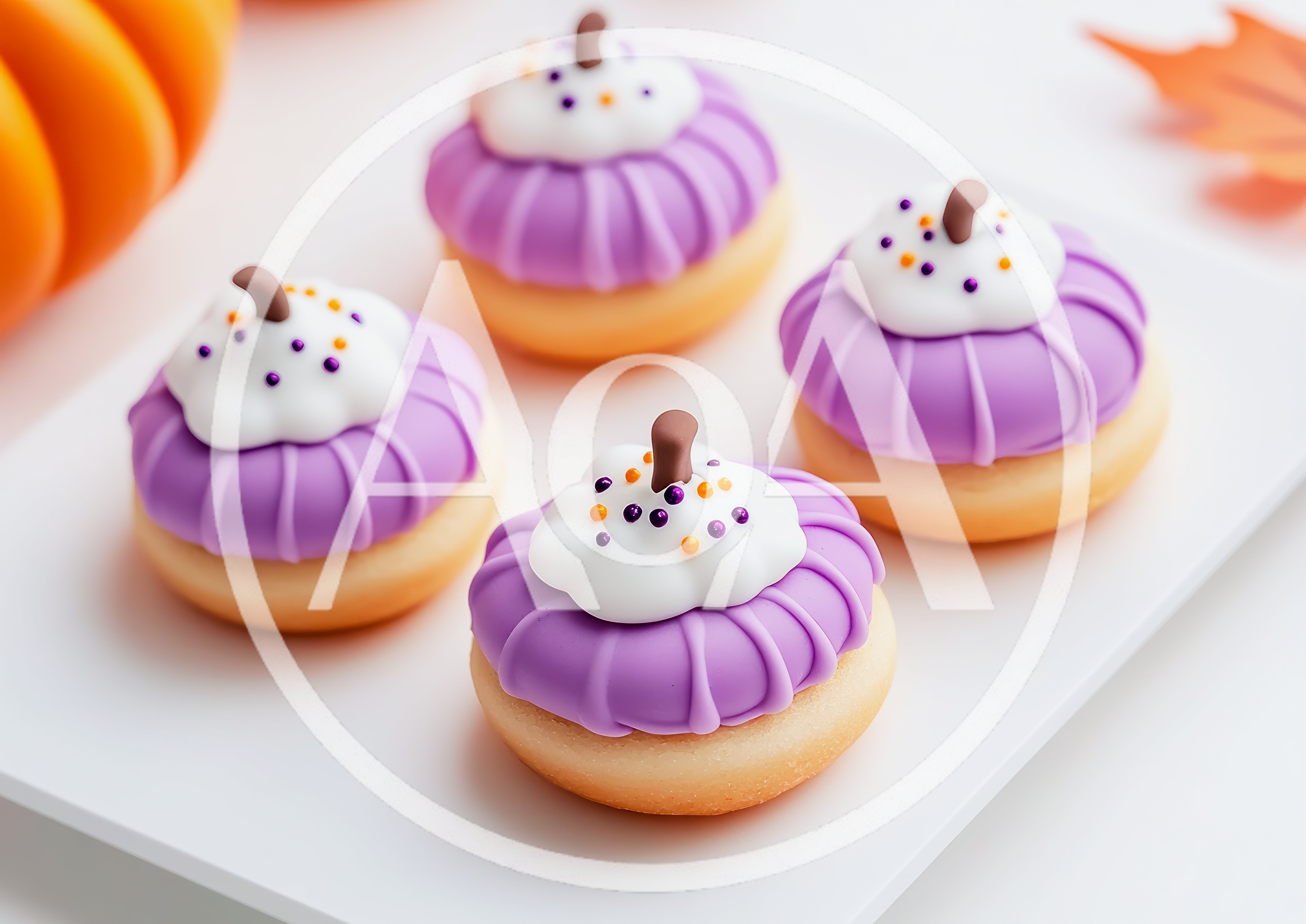 Four Decorated Pumpkin Shaped Donuts On A White Plate