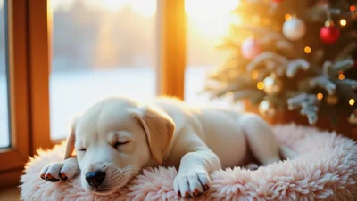 Cute Labrador Puppy Sleeping In A Fluffy Bed
