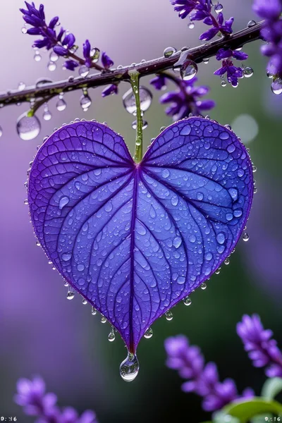 Heart Shaped Purple Leaf With Raindrops