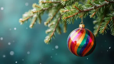 Colorful Striped Christmas Ornament Hanging On Pine Branch
