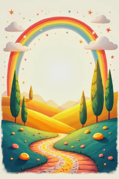 Whimsical Landscape Illustration With Rainbow And Winding Path
