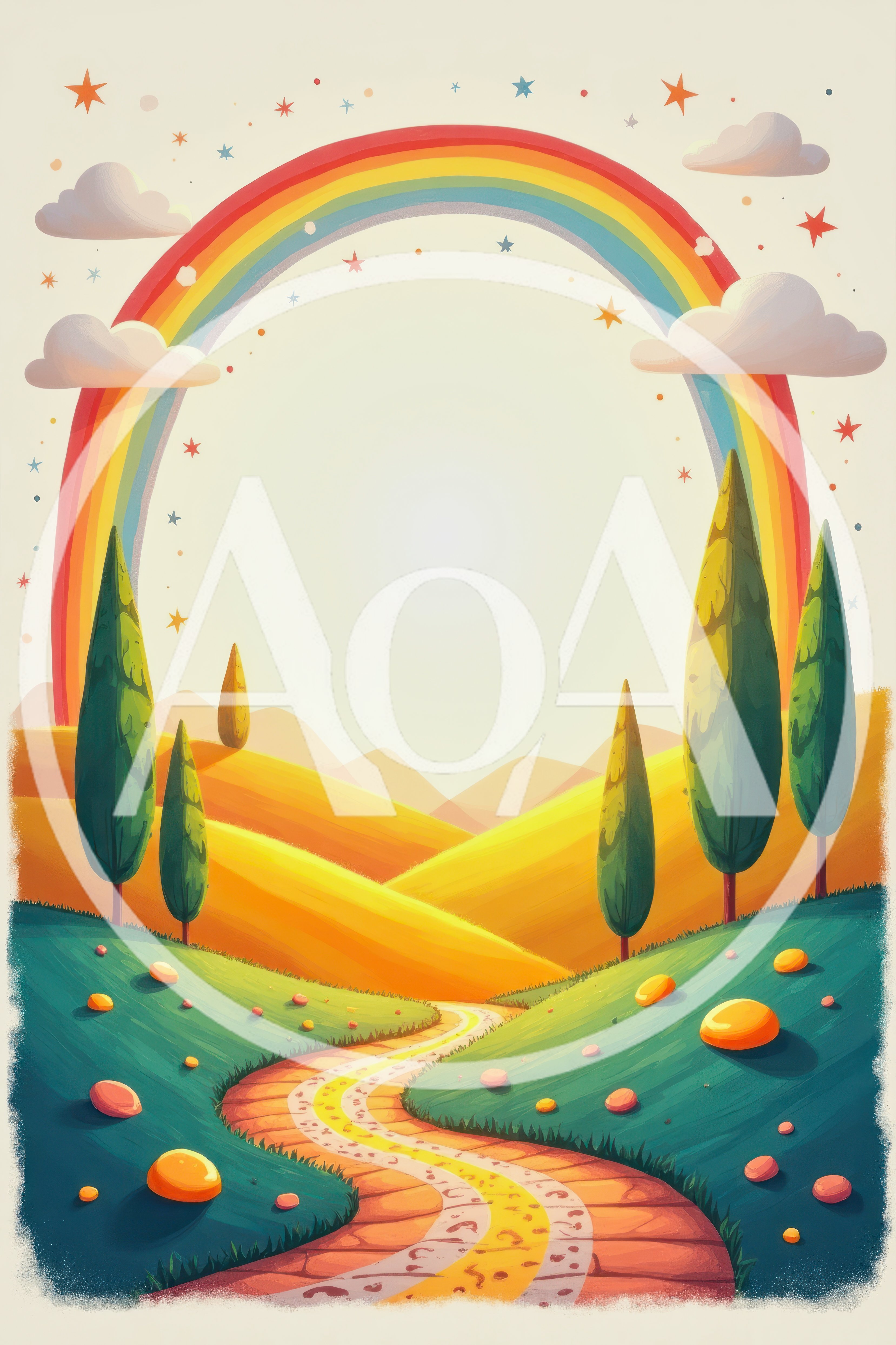 Whimsical Landscape Illustration With Rainbow And Winding Path