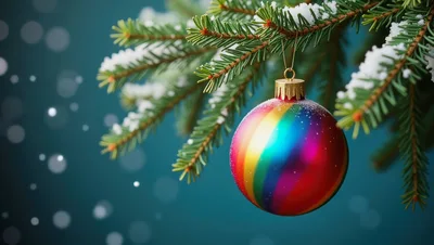 Rainbow Striped Christmas Ornament Hanging On Snowy Pine Branch