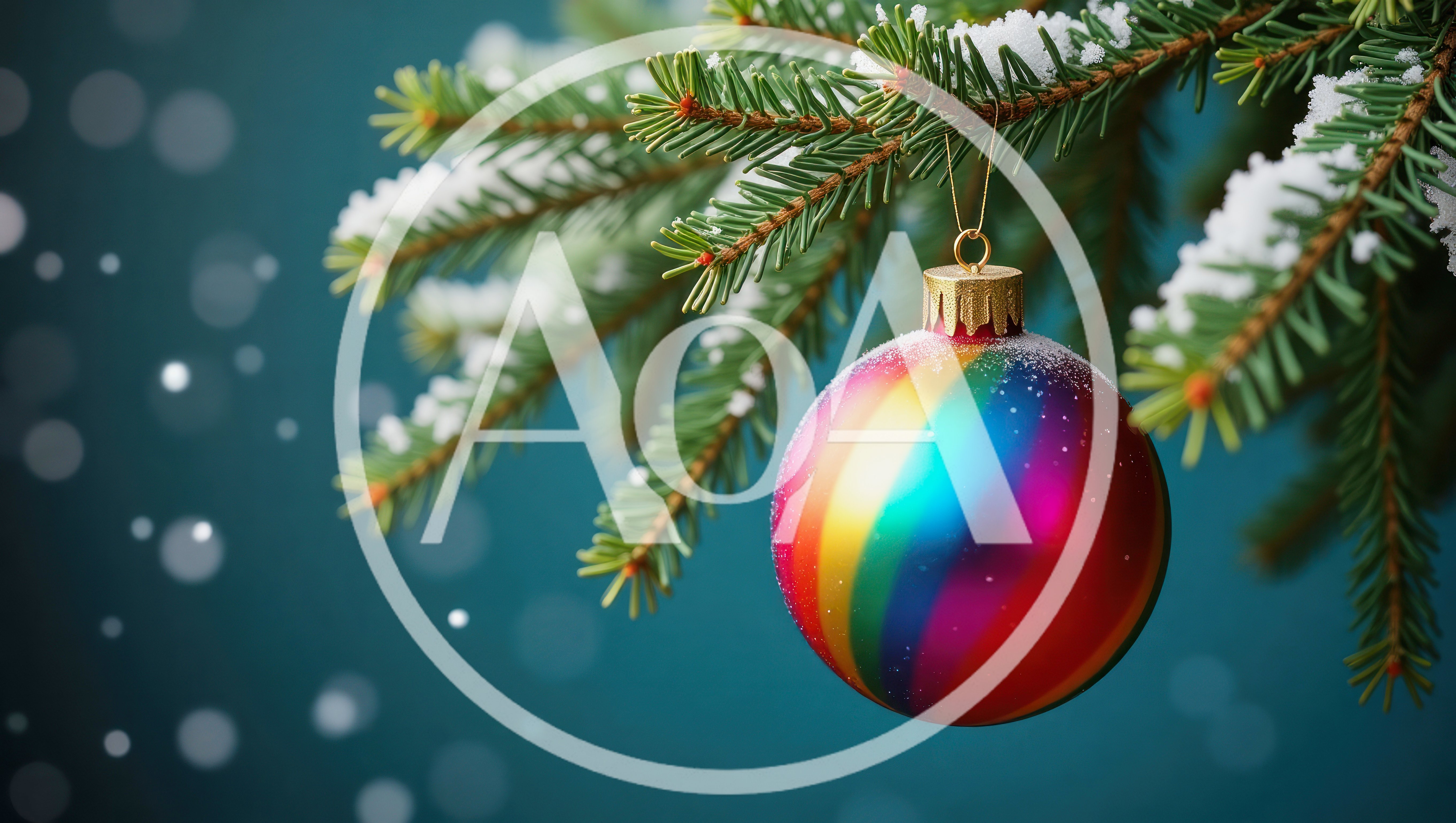 Rainbow Striped Christmas Ornament Hanging On Snowy Pine Branch