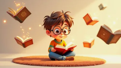Cute Cartoon Boy Reading Floating Books