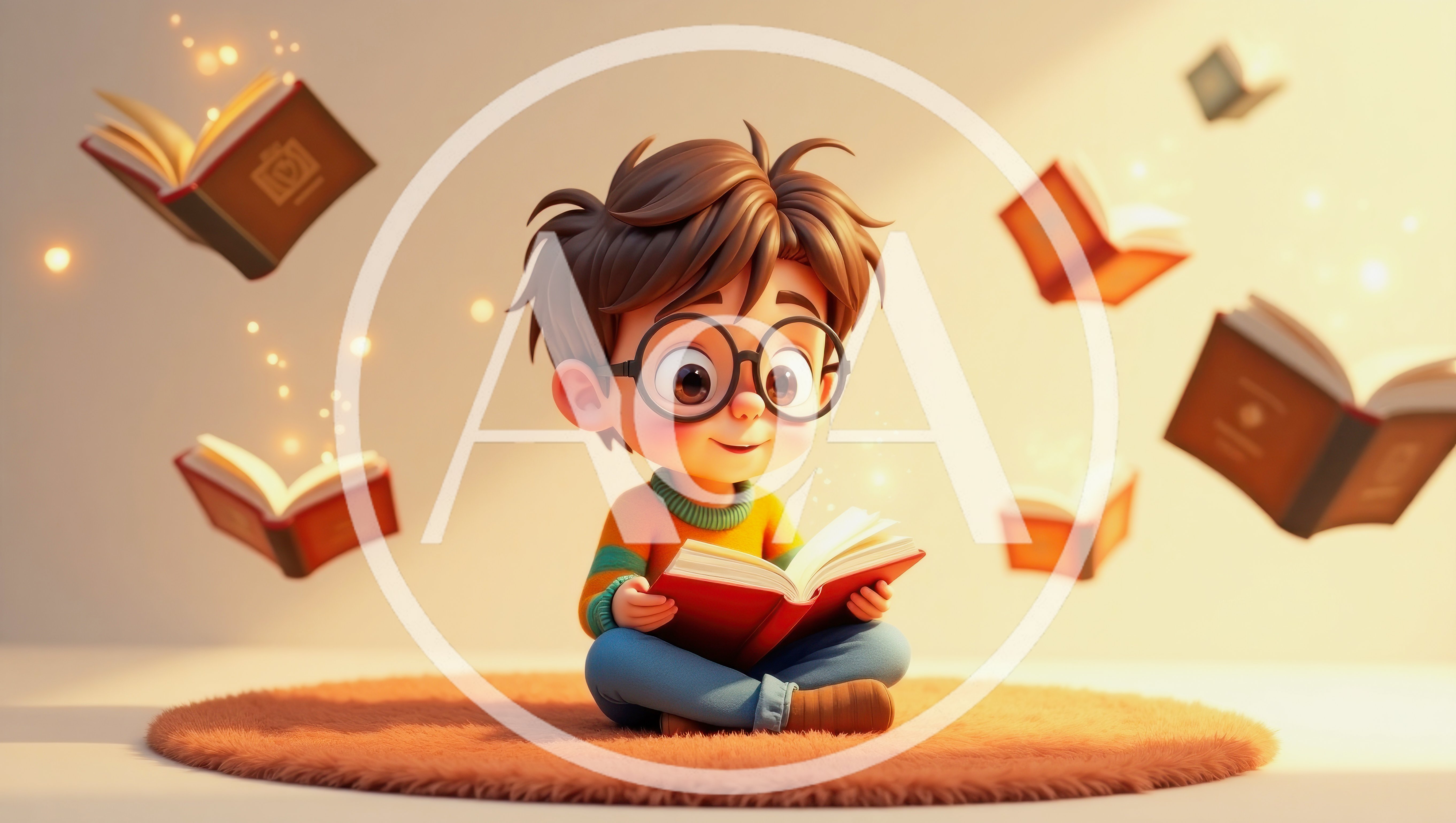 Cute Cartoon Boy Reading Floating Books