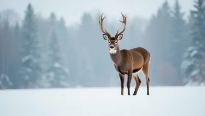 Majestic White-Tailed Deer Standing In Snowy Forest