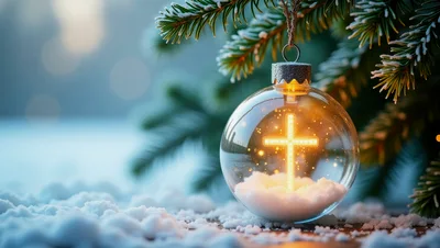 Glowing Cross Inside A Christmas Ornament