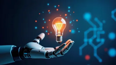 Robotic Hand Holding A Glowing Light Bulb