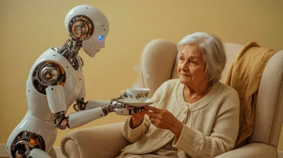 Humanoid Robot Serving Tea To An Elderly Woman